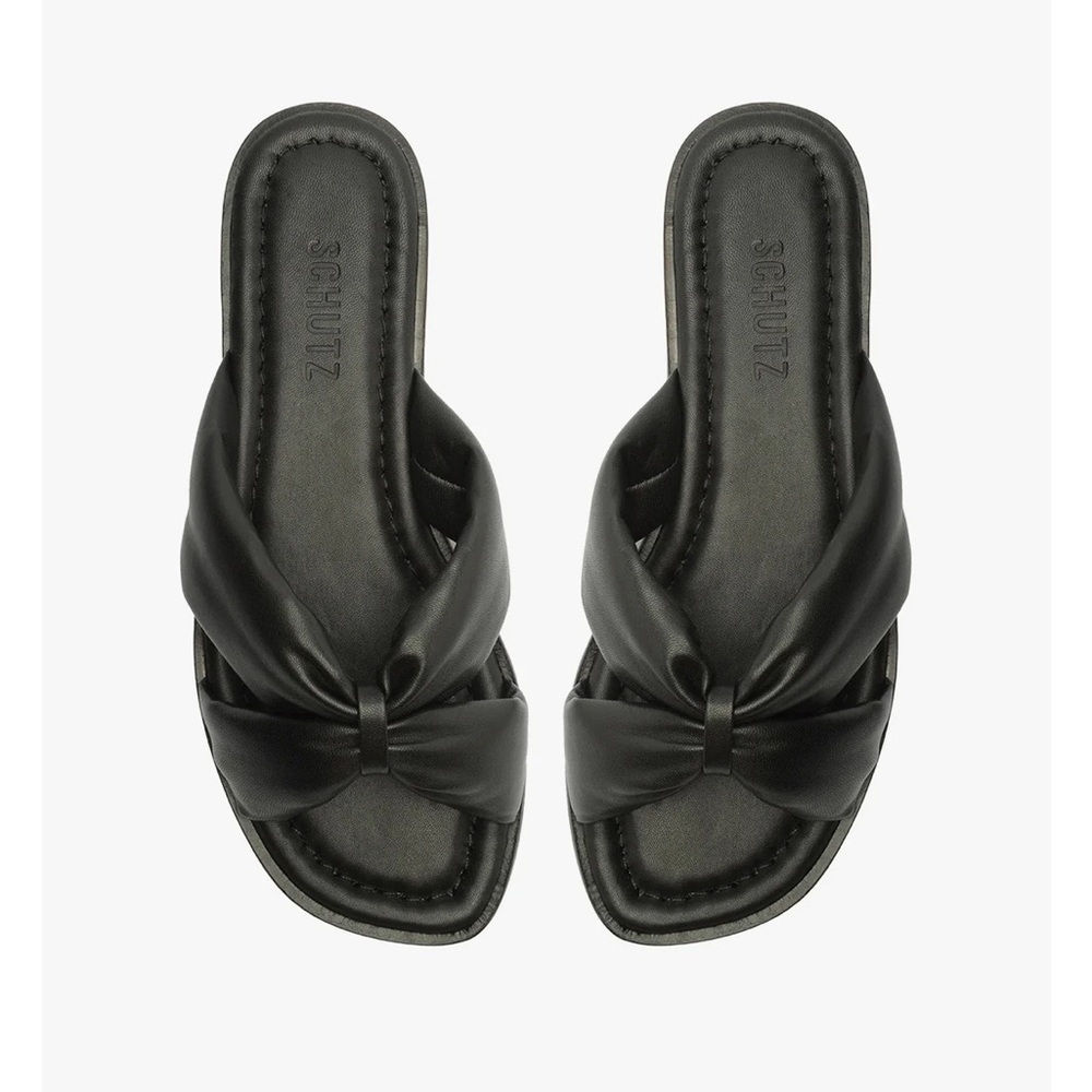 Schutz Black Leather Fairy Flat Sandal